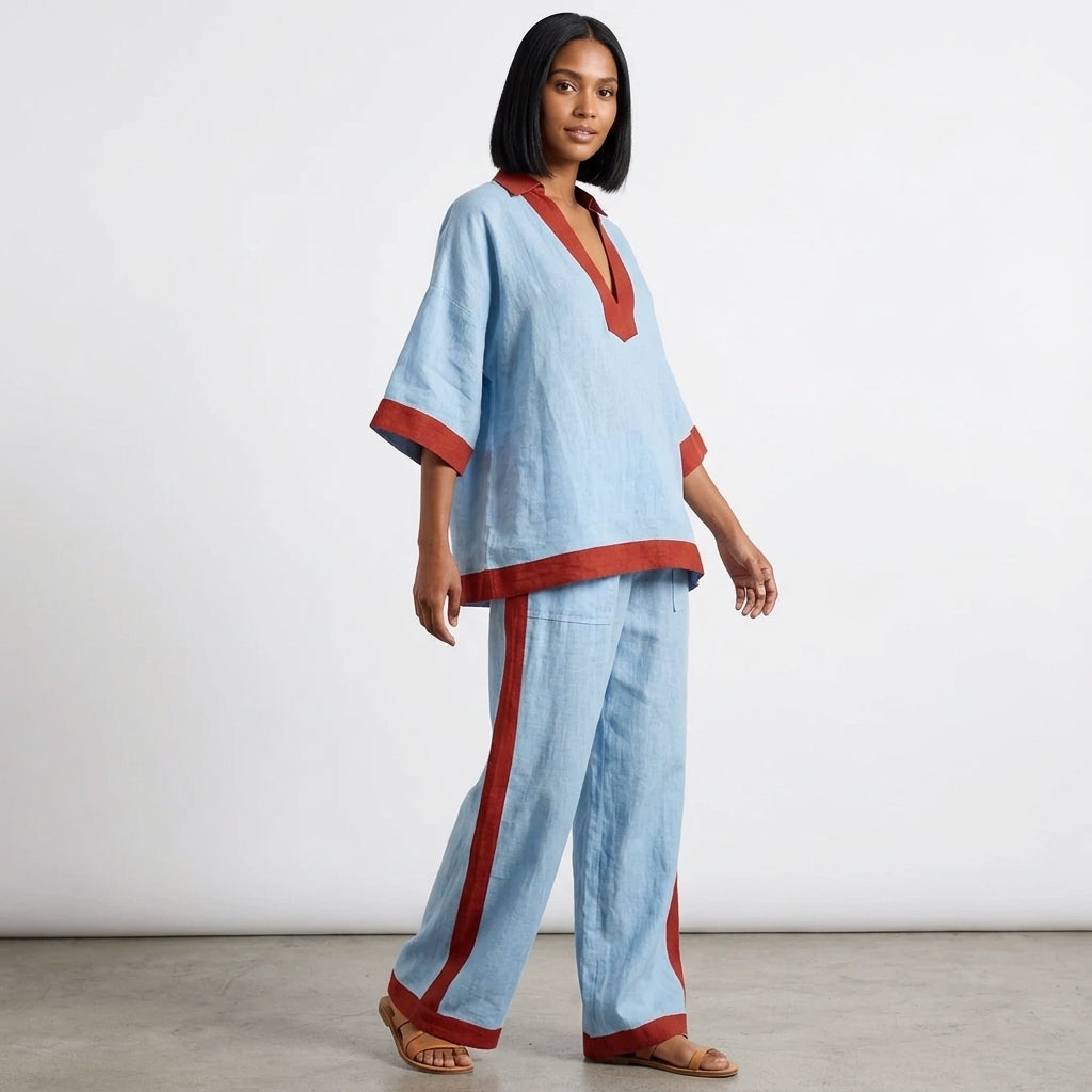 Marissa | Women's Contrast-Trim Two-Piece Set with V-Neck Top and Wide-Leg Pants