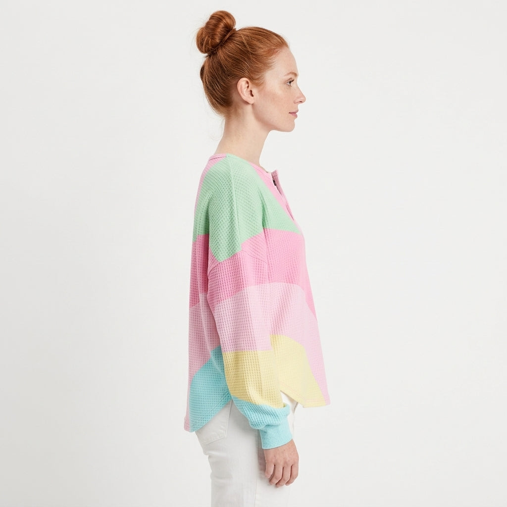 Penelope | Women's Pastel Color-Block Waffle-Knit Henley Sweater