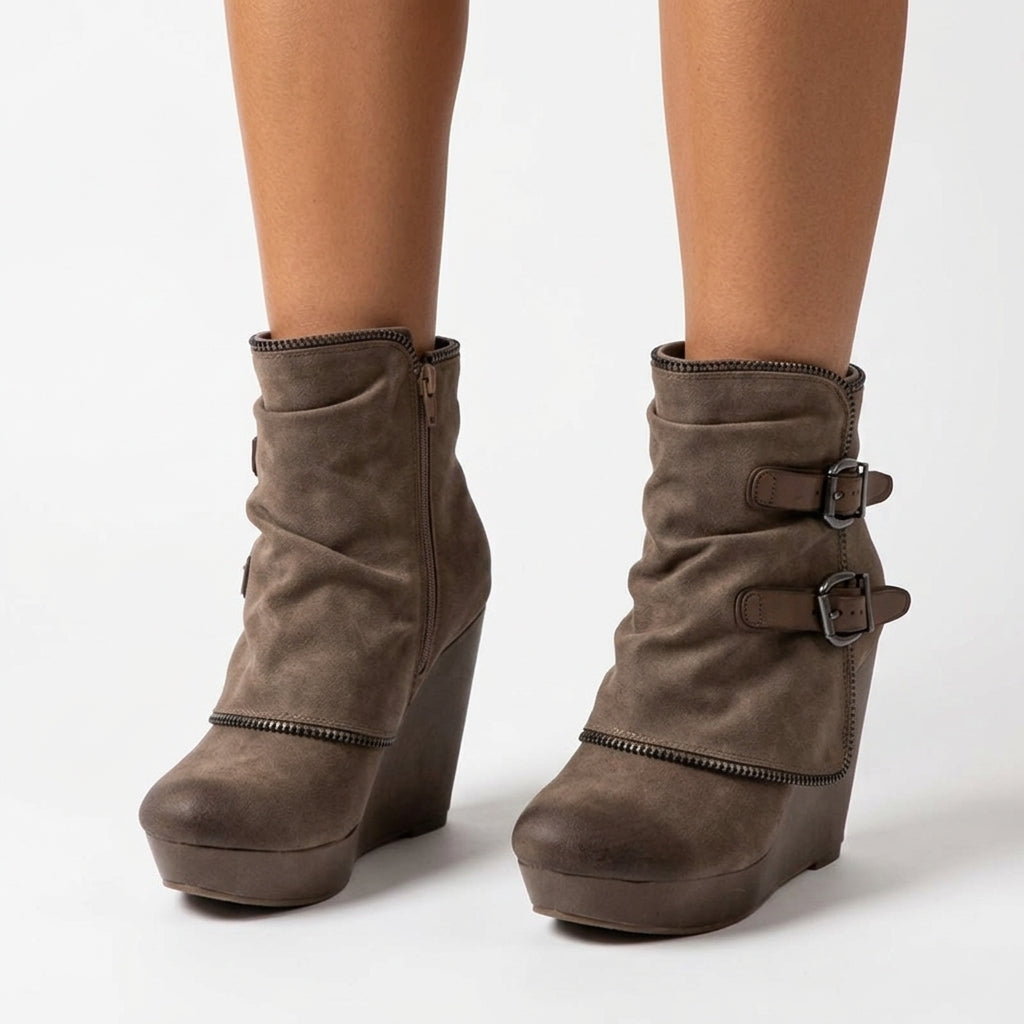 Corinne Suede-Look Double Buckle Wedge Ankle Boots