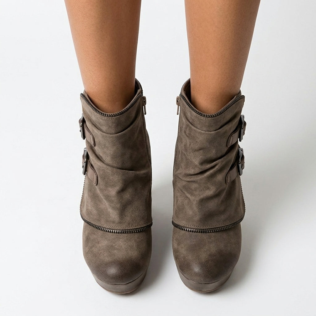 Corinne Suede-Look Double Buckle Wedge Ankle Boots