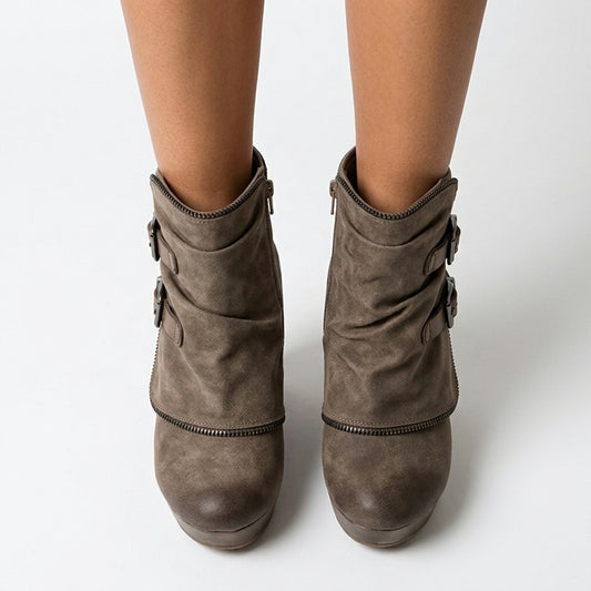 Corinne Suede-Look Double Buckle Wedge Ankle Boots