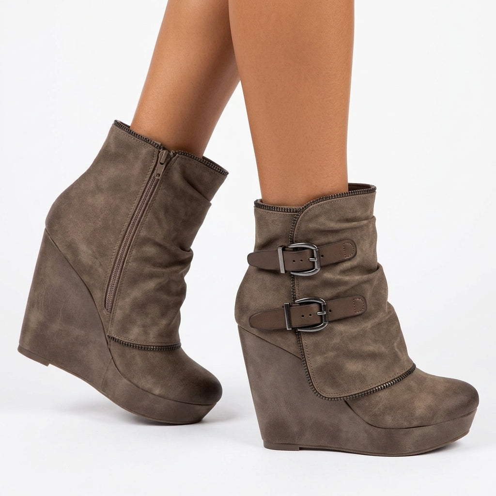Corinne Suede-Look Double Buckle Wedge Ankle Boots