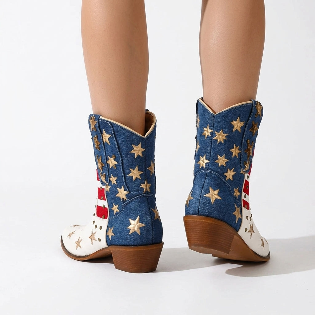 Cassia – Star-Embellished Mid-Calf Western Boots with Denim Panels