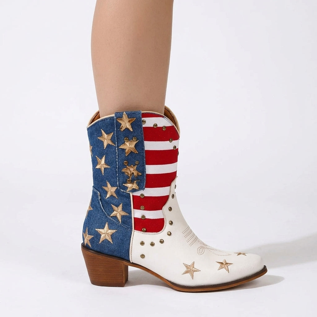 Cassia – Star-Embellished Mid-Calf Western Boots with Denim Panels