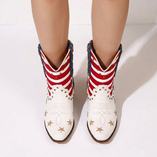 Cassia – Star-Embellished Mid-Calf Western Boots with Denim Panels