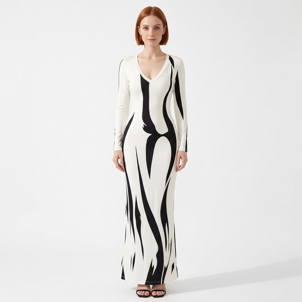 Megan | Women's Abstract Print Long-Sleeve V-Neck Bodycon Maxi Dress