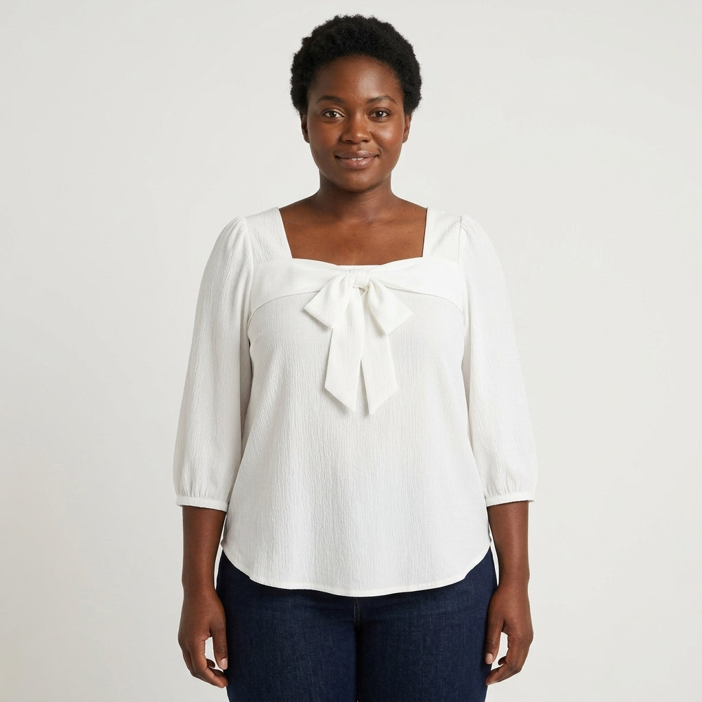 Emilia | Square-Neck Blouse with Front Bow and Three-Quarter Puff Sleeves