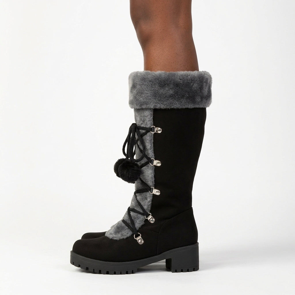 Victoria – Tall Winter Boots with Faux-Fur Cuff and Pom-Pom Laces