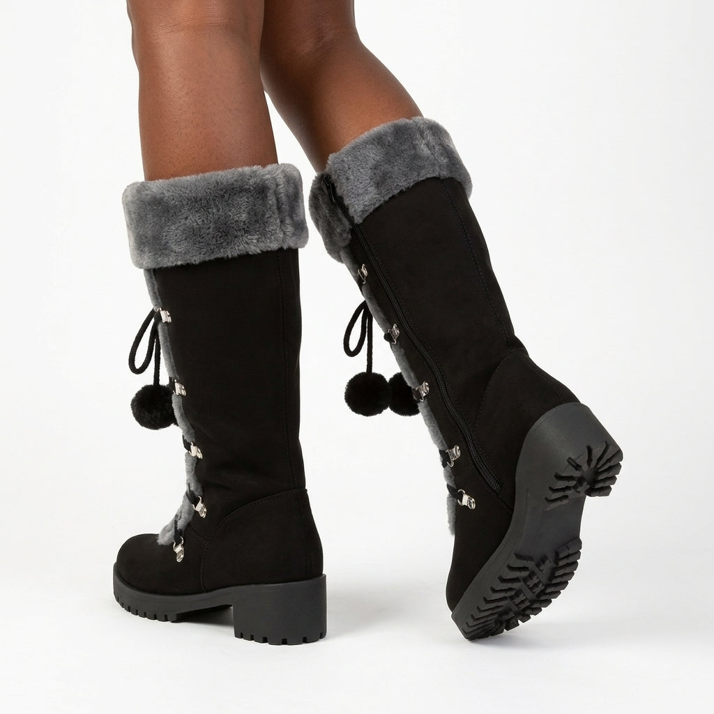 Victoria – Tall Winter Boots with Faux-Fur Cuff and Pom-Pom Laces