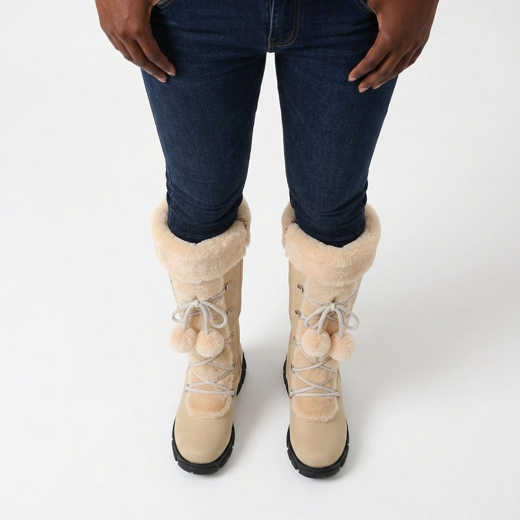 Victoria – Tall Winter Boots with Faux-Fur Cuff and Pom-Pom Laces