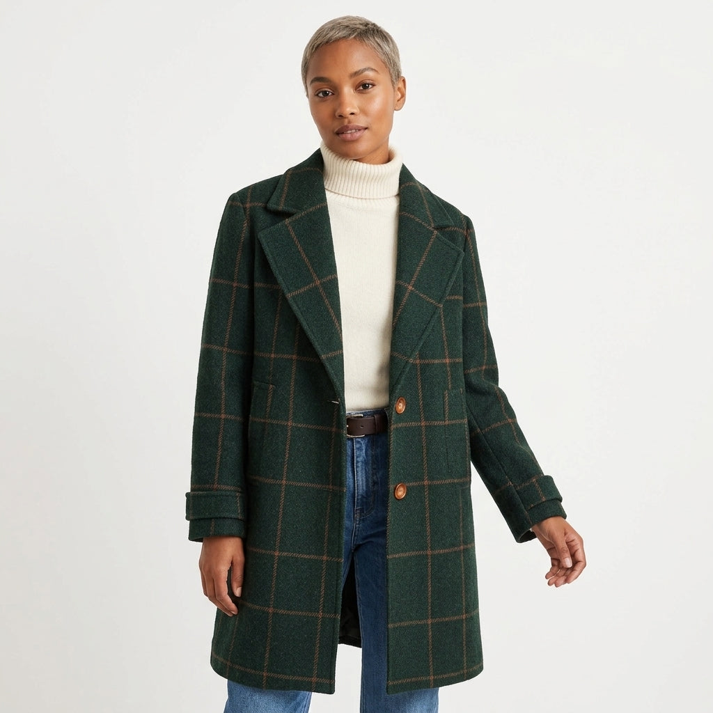 Jennifer wool-blend windowpane check coat with lapel collar