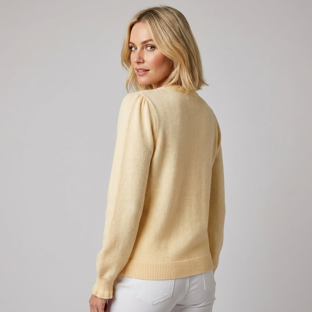 Cream Textured Knit Cardigan with Round Neck and Button Front