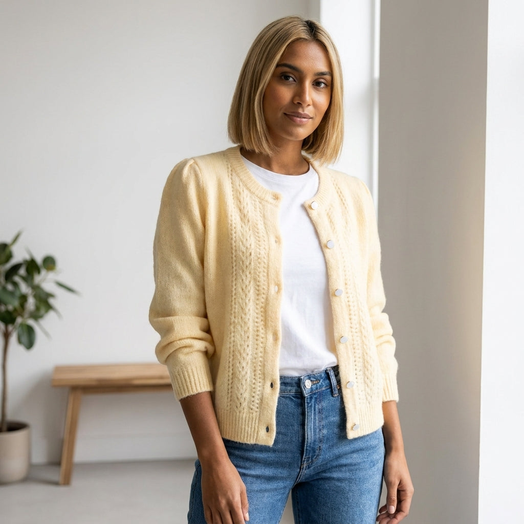 Cream Textured Knit Cardigan with Round Neck and Button Front