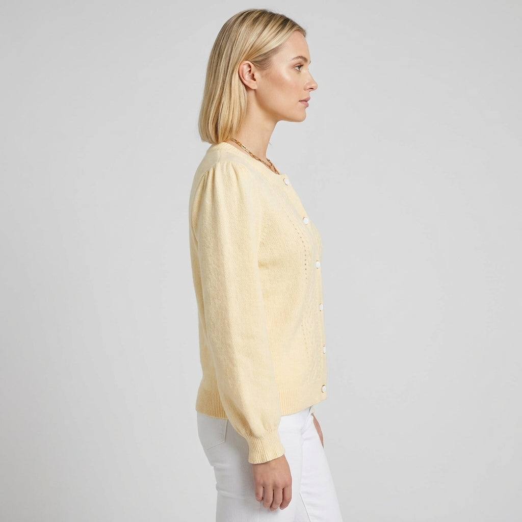 Cream Textured Knit Cardigan with Round Neck and Button Front