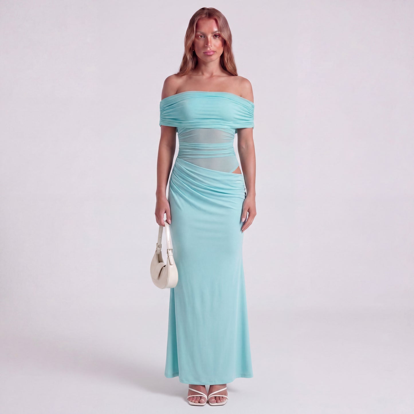 One-Shoulder Ruched Maxi Dress with Side Cut-Out and Draped Skirt