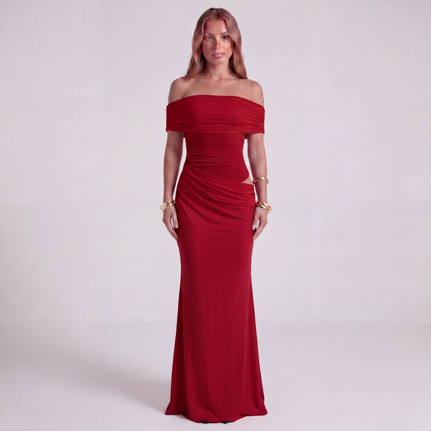 One-Shoulder Ruched Maxi Dress with Side Cut-Out and Draped Skirt