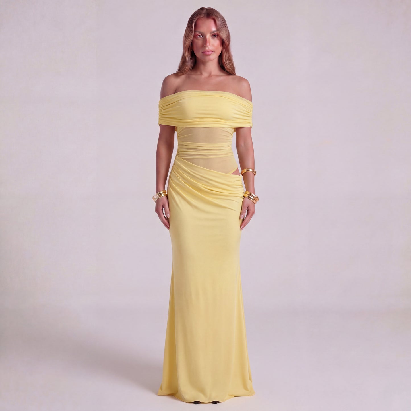 One-Shoulder Ruched Maxi Dress with Side Cut-Out and Draped Skirt