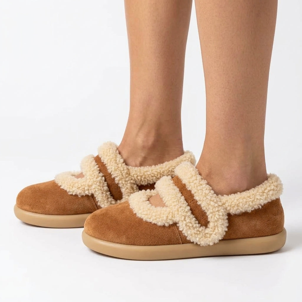 Danica Suede-Look Plush-Lined Slippers with Fluffy Strap Detail