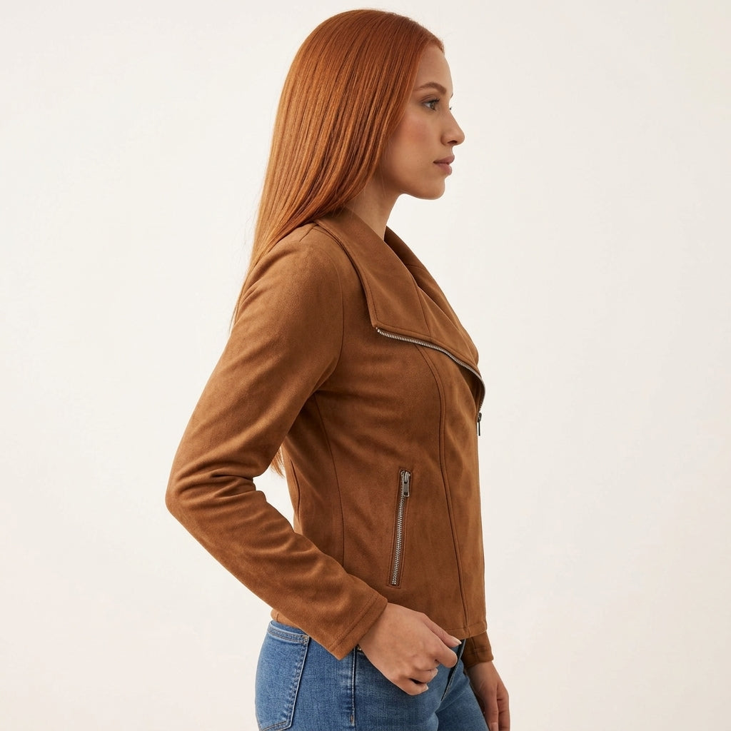 Isabella | Women's Asymmetric-Zip Tailored Faux Suede Biker Leather Jacket