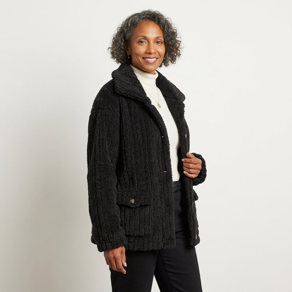 Victoria Button-Front Teddy Fleece Jacket with Flap Pockets