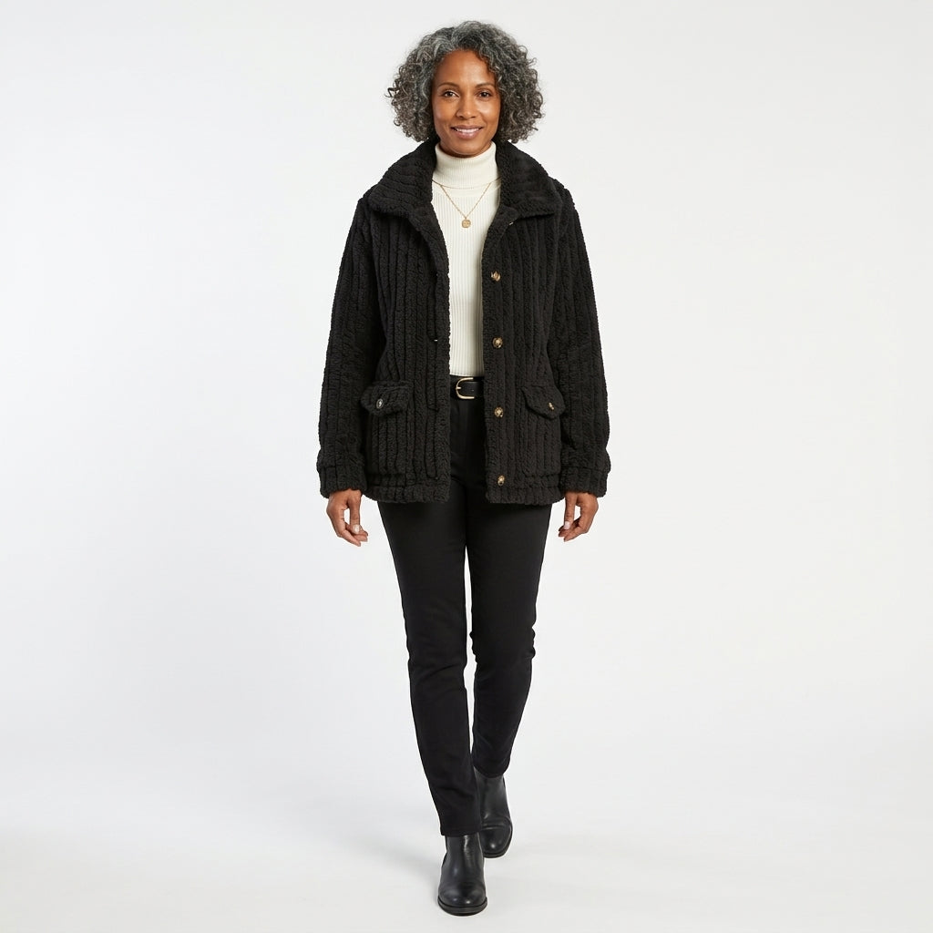 Victoria Button-Front Teddy Fleece Jacket with Flap Pockets