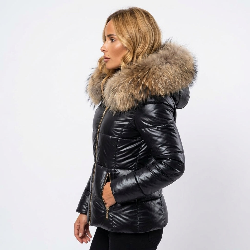 Madison | Women's Fur Hood Puffer Coat Fitted Zip-Front Quilted Jacket