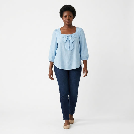 Emilia | Square-Neck Blouse with Front Bow and Three-Quarter Puff Sleeves