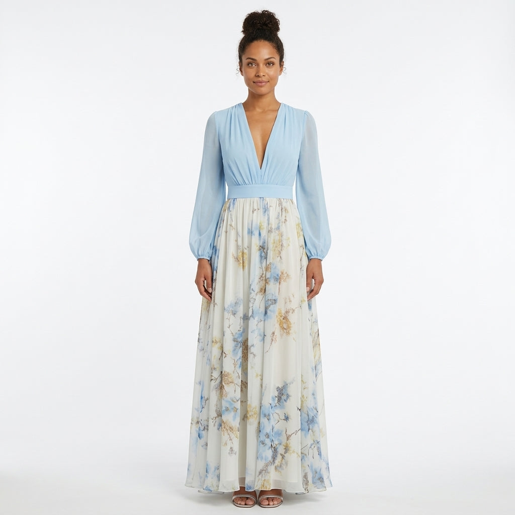 Celena | Floral Maxi Occasion Dress with Deep V-Neck and Long Sleeves