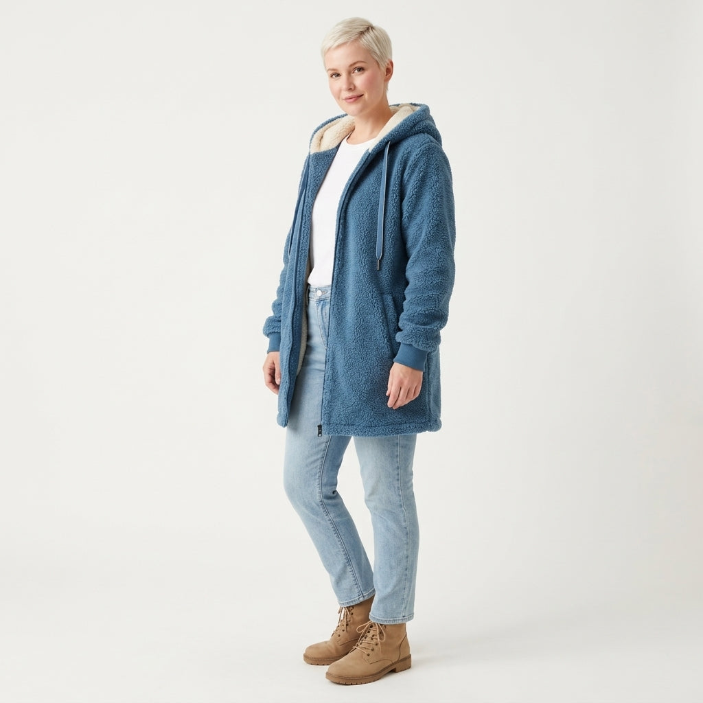 Fleur-Faye Women's Longline Sherpa Fleece Hooded Jacket