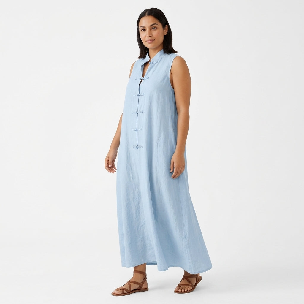 Savrani | Lightweight Sleeveless Maxi Dress with Mandarin Collar, Frog Closures and Pockets