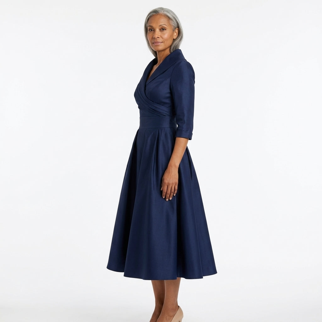Simone-Skye wrap-bodice midi dress with shawl collar and pockets