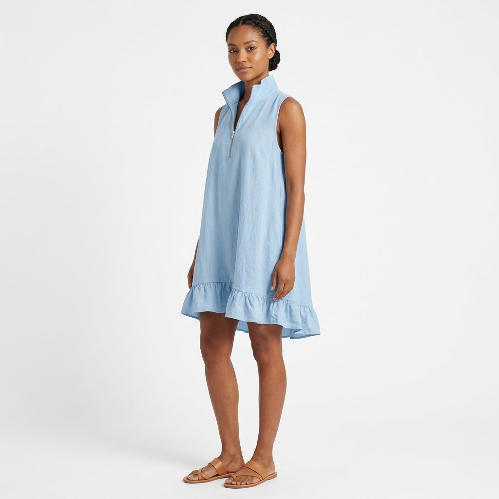 Kendall | Sleeveless Cotton Mini Dress with Half-Zip Neckline and Ruffle Hem