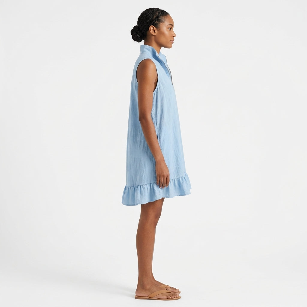 Kendall | Sleeveless Cotton Mini Dress with Half-Zip Neckline and Ruffle Hem