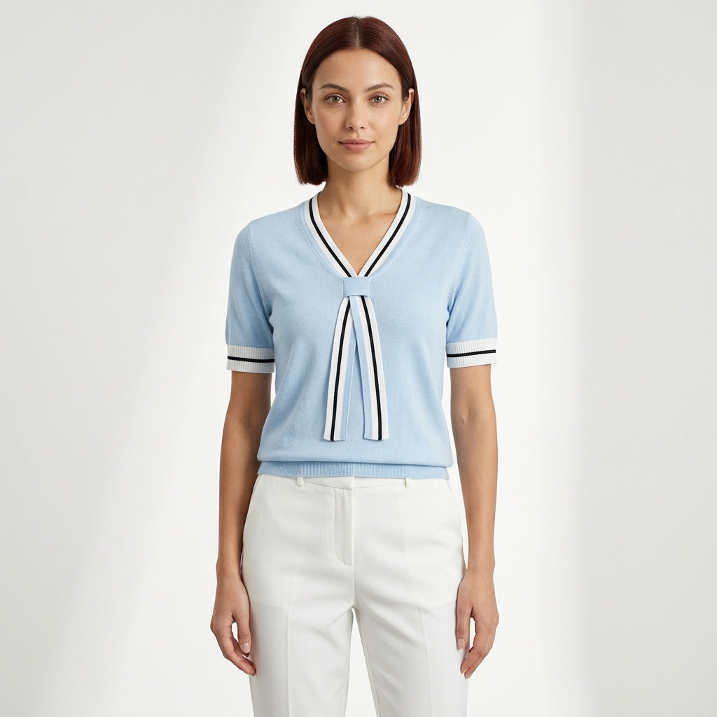 Grace | Women's Short-Sleeve V-Neck Sweater with Contrast Tie Detail