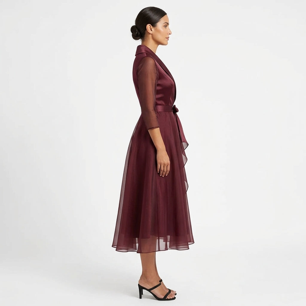Arabella | Burgundy Midi Dress with Shawl Collar, Sheer Sleeves and Tie Waist