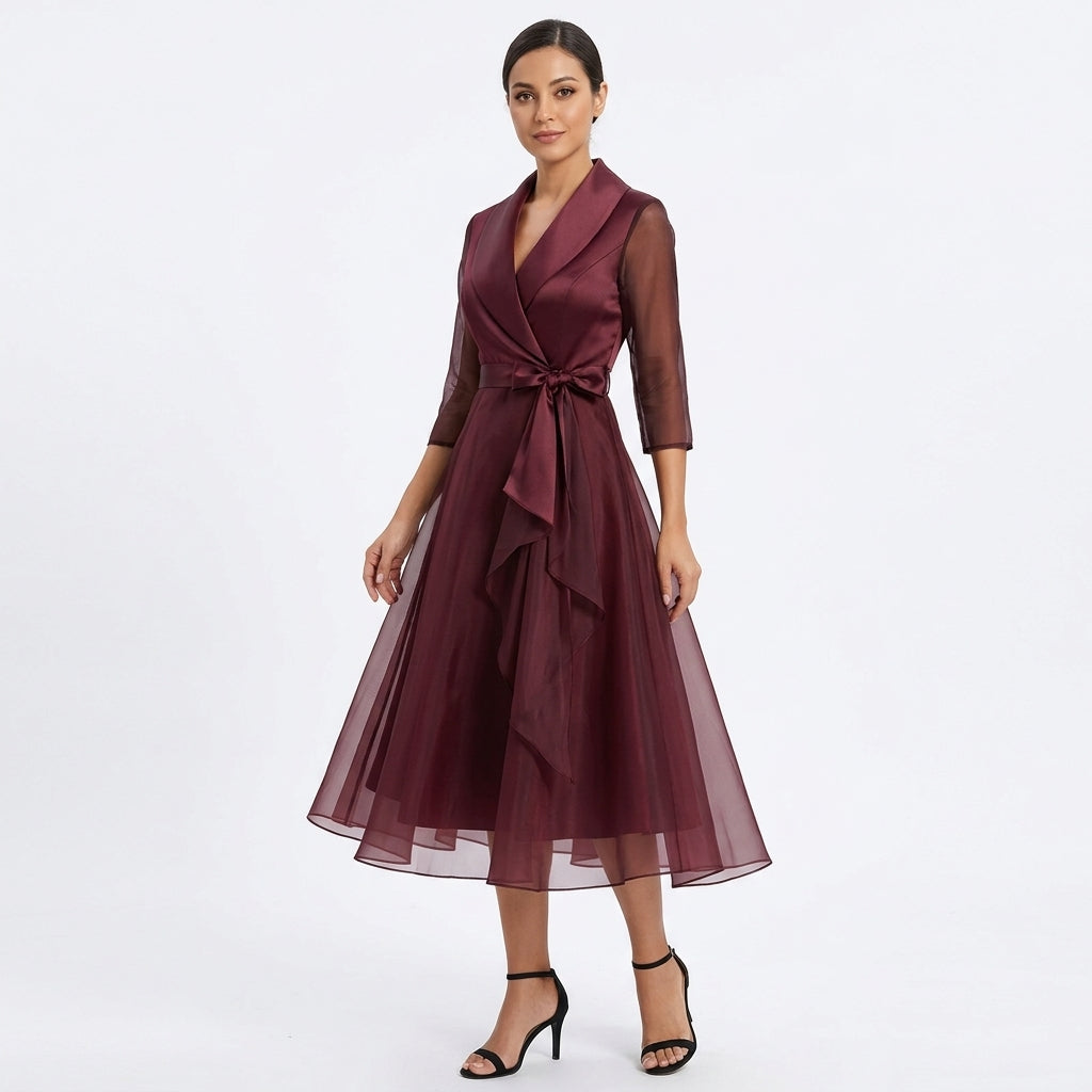 Arabella | Burgundy Midi Dress with Shawl Collar, Sheer Sleeves and Tie Waist