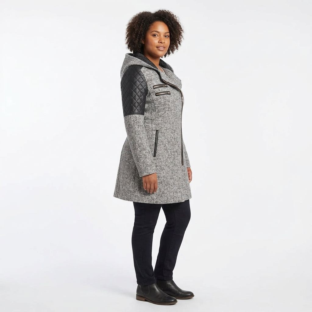 Luna Hooded Wool-Blend Coat with Asymmetric Zip and Quilted Panels