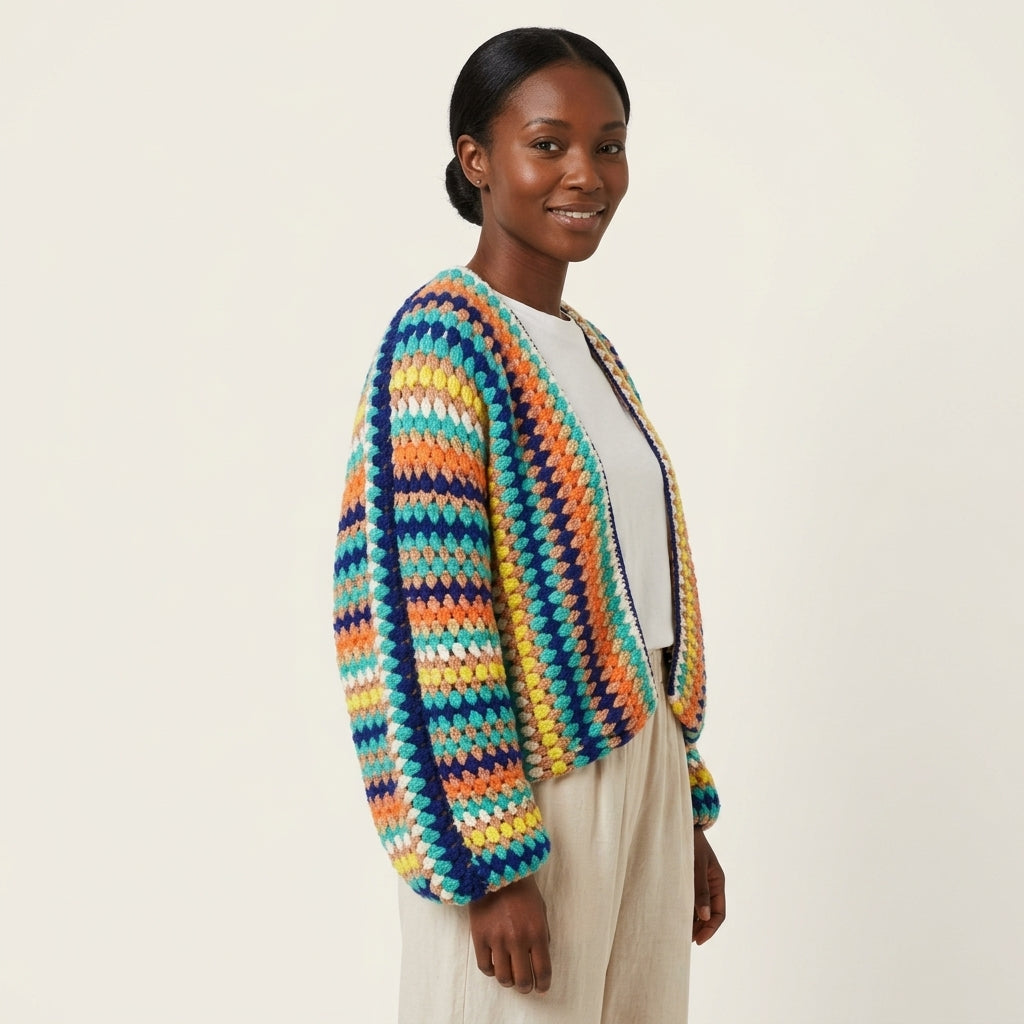 Emma Multicolor Chunky Crochet-Style Open-Front Cardigan