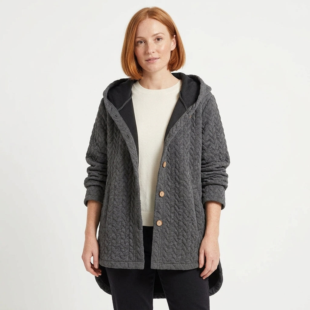 Olivia Hooded Quilted Coat with Button Front and Curved High-Low Hem