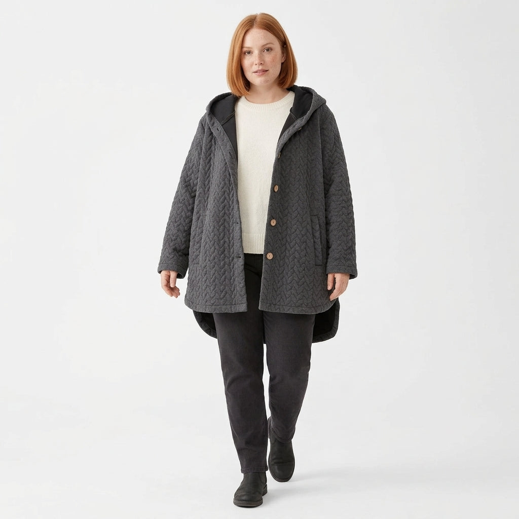 Olivia Hooded Quilted Coat with Button Front and Curved High-Low Hem