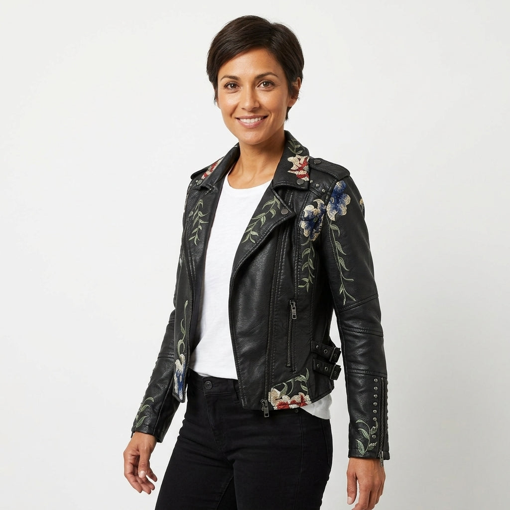Clarissa | Women's Faux Leather Biker Jacket with Floral Embroidery and Studs