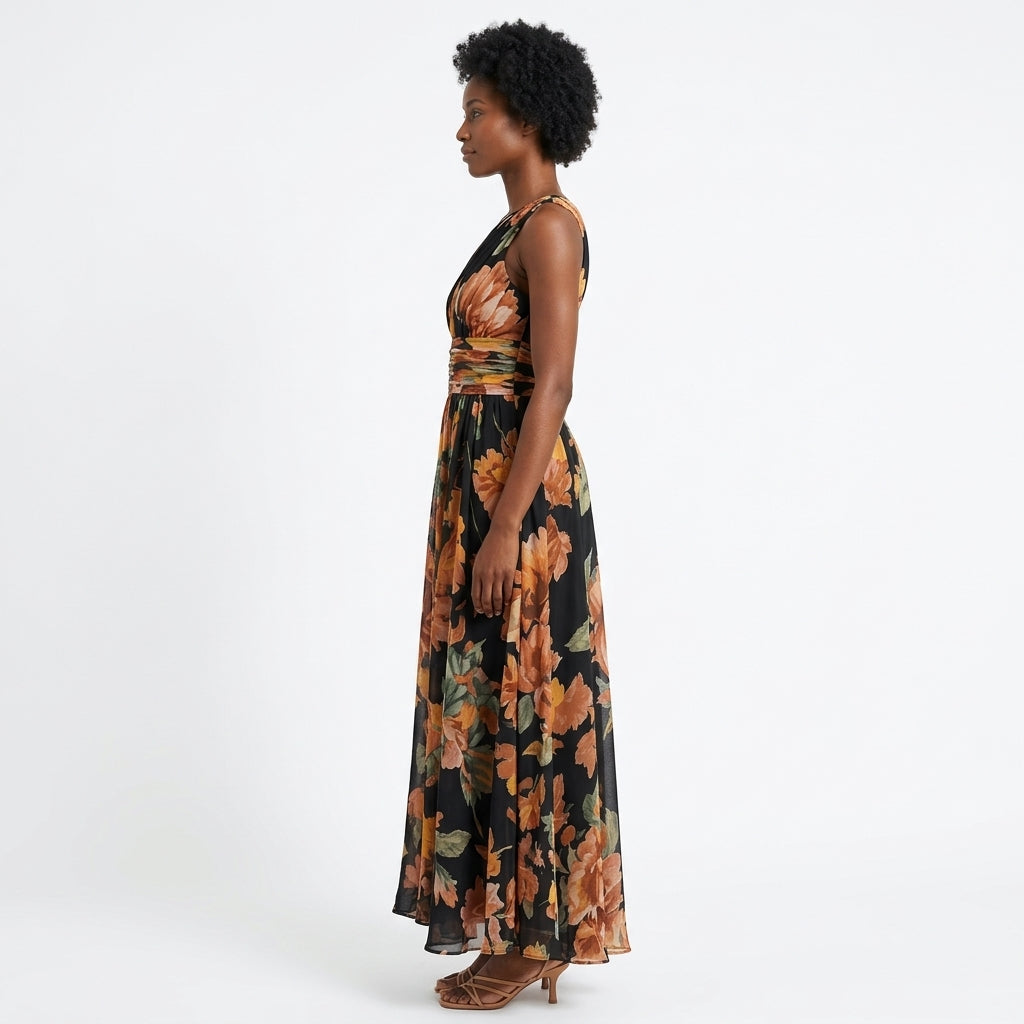 Amara | One-Shoulder Floral Maxi Dress with Ruched Waist and A-Line Skirt