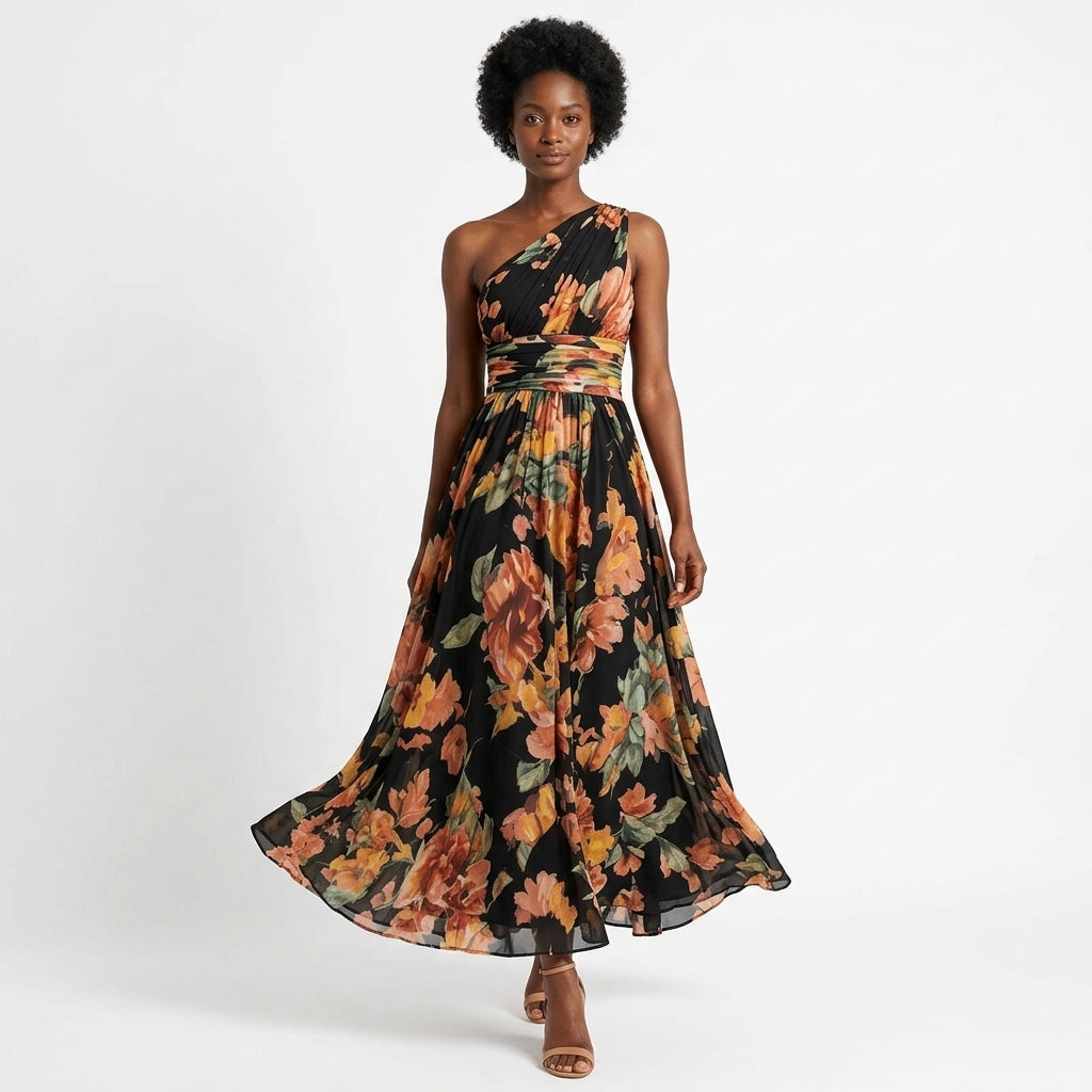 Amara | One-Shoulder Floral Maxi Dress with Ruched Waist and A-Line Skirt