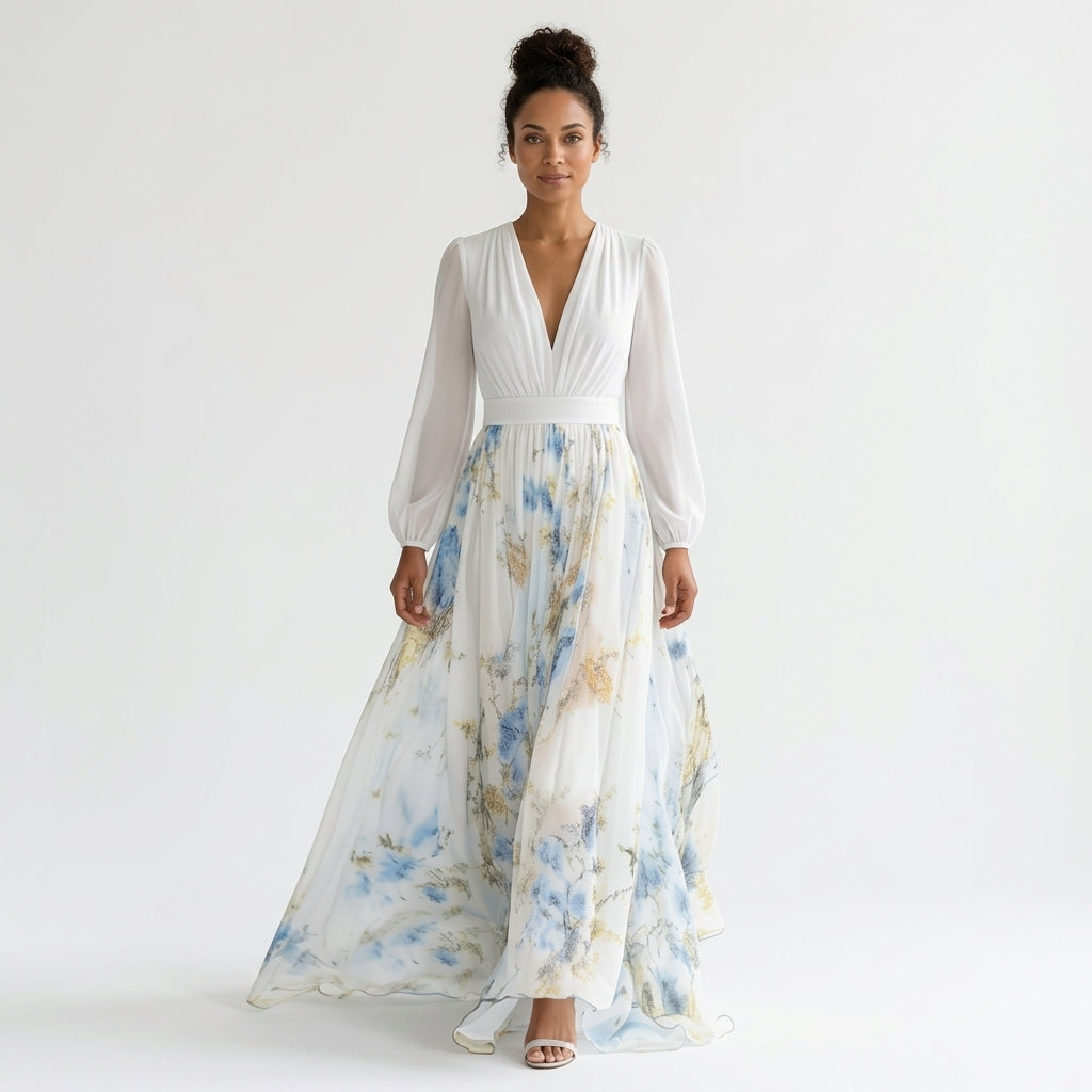 Celena | Floral Maxi Occasion Dress with Deep V-Neck and Long Sleeves