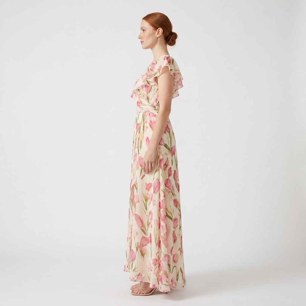 Celeste | Floral Maxi Dress with V-Neck, Flutter Sleeves and Side Slit