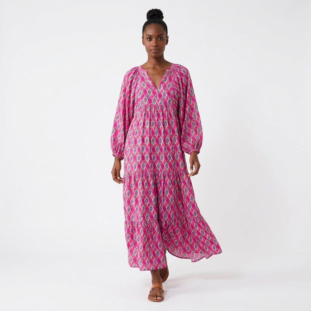 Isabella Geometric Print V-Neck Boho Maxi Dress