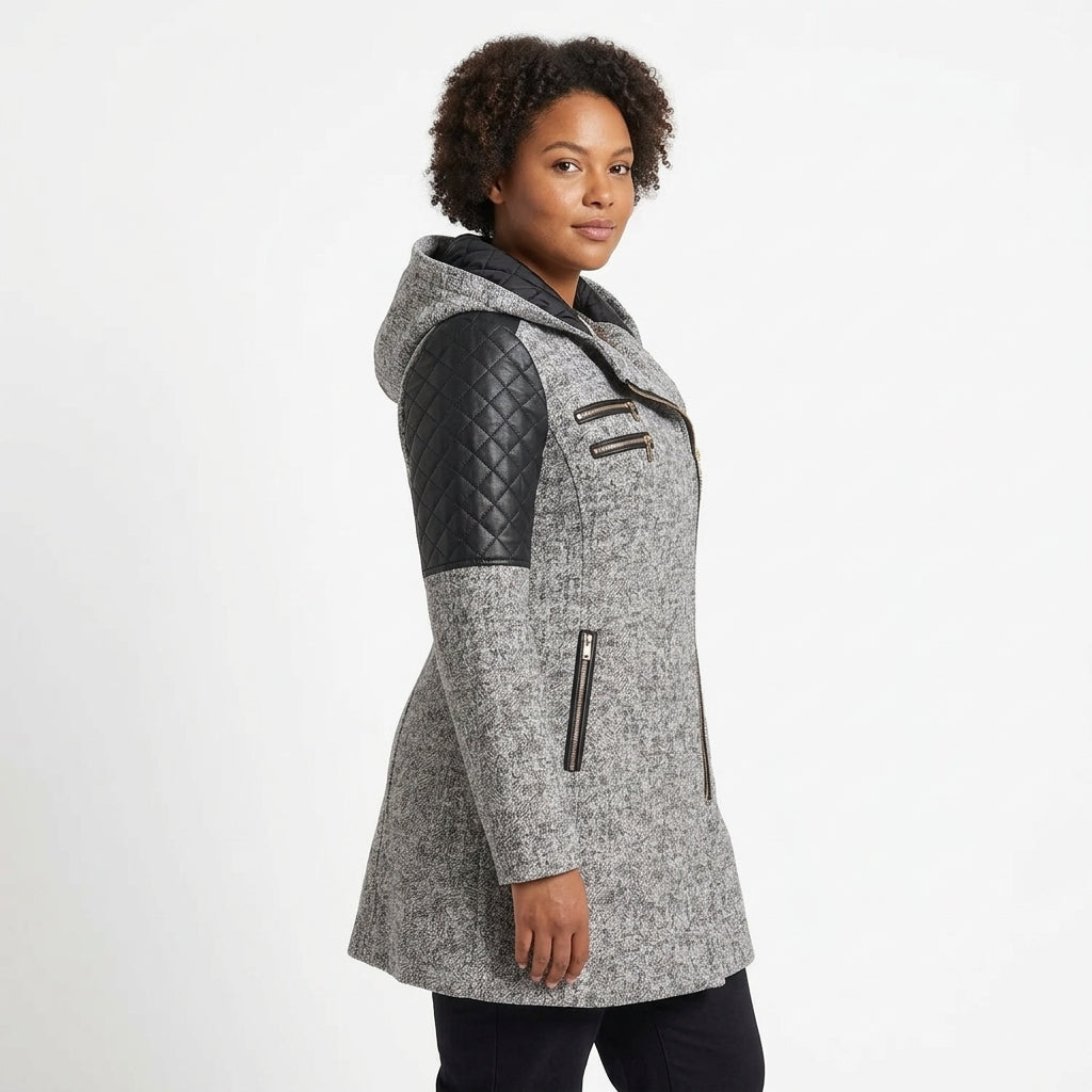 Luna Hooded Wool-Blend Coat with Asymmetric Zip and Quilted Panels