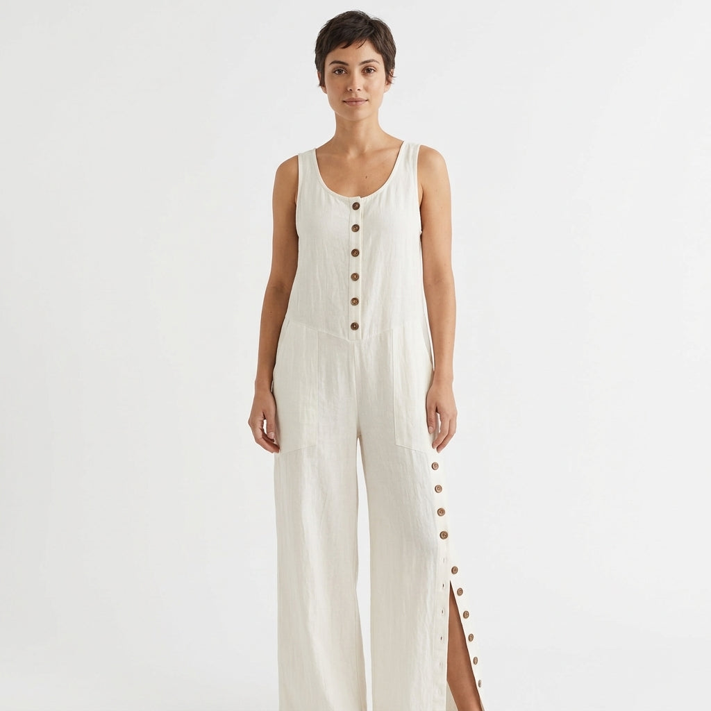 Harlow | Sleeveless Wide-Leg Jumpsuit with Button Details and Pockets