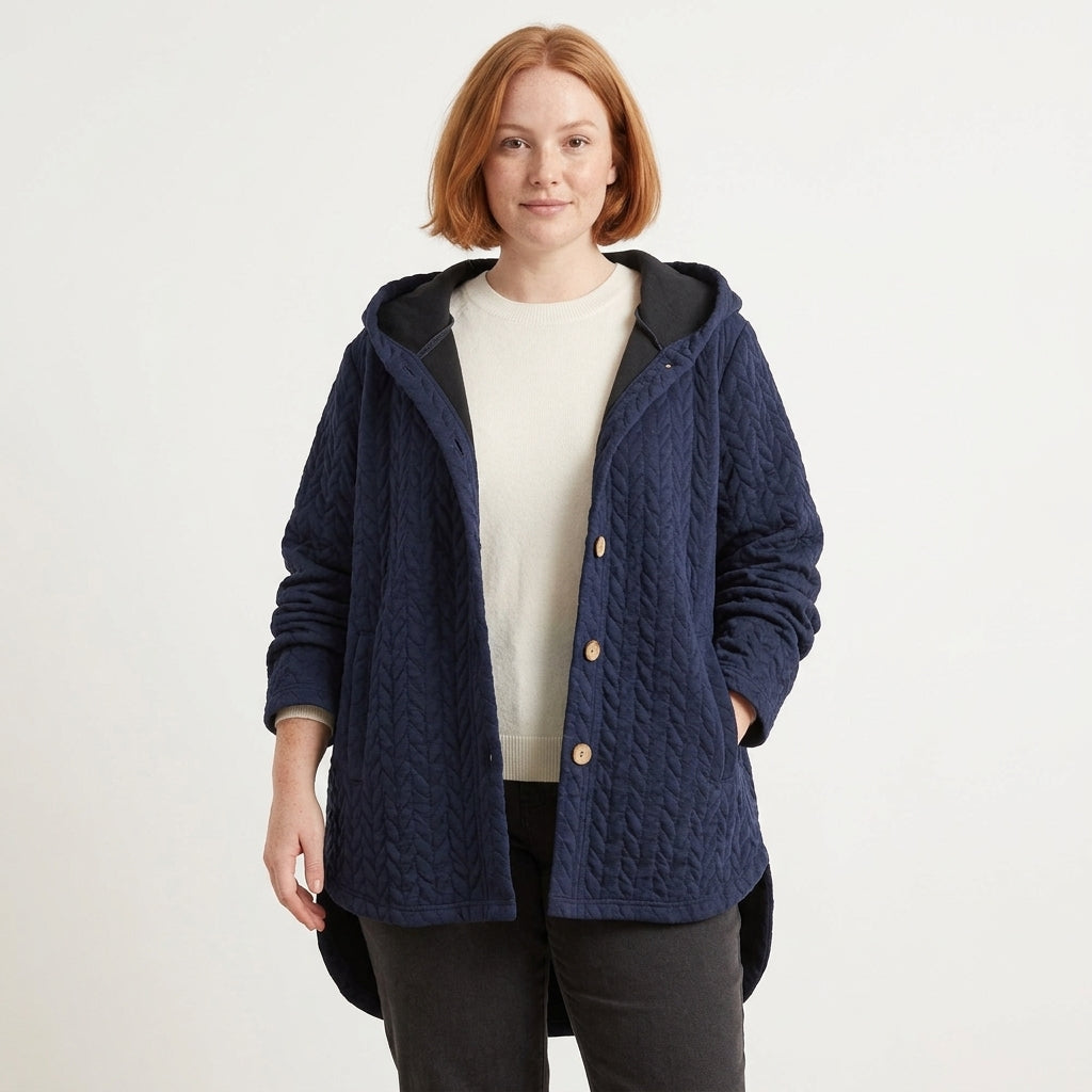 Olivia Hooded Quilted Coat with Button Front and Curved High-Low Hem