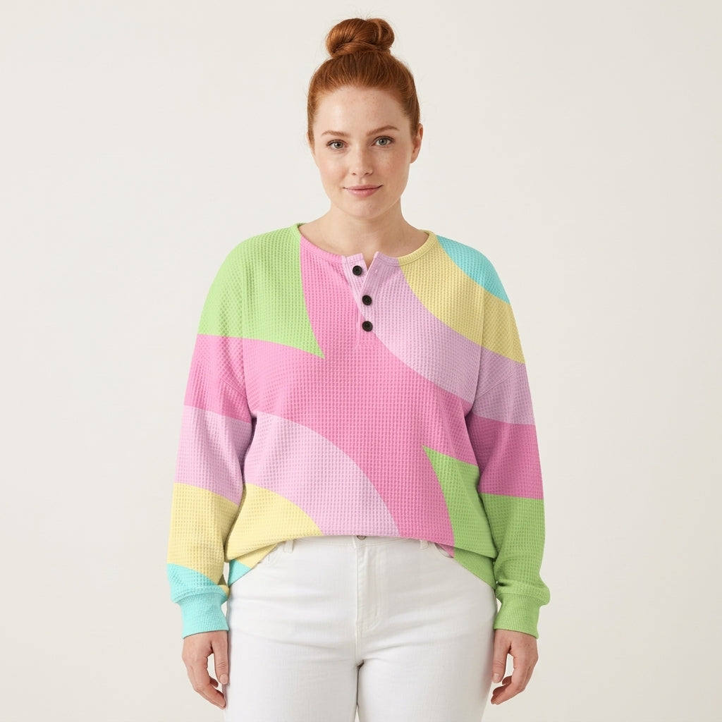 Penelope | Women's Pastel Color-Block Waffle-Knit Henley Sweater
